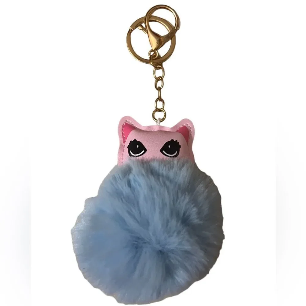 Kitty Cat Faux Leather Pompom Key Ring Purse Charm